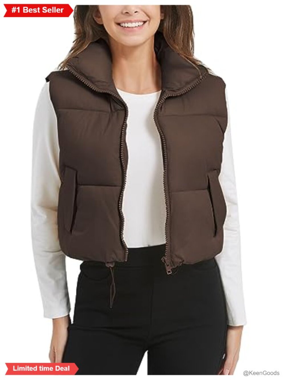 Lightweight Cropped Puffer Vest Zip Up Stand Collar Sleeveless Winter